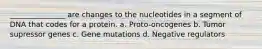 _______________ are changes to the nucleotides in a segment of DNA that codes for a protein. a. Proto-oncogenes b. Tumor supressor genes c. Gene mutations d. Negative regulators