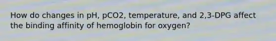 How do changes in pH, pCO2, temperature, and 2,3-DPG affect the binding affinity of hemoglobin for oxygen?