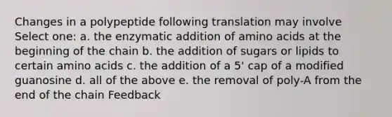 Changes in a polypeptide following translation may involve Select one: a. the enzymatic addition of amino acids at the beginning of the chain b. the addition of sugars or lipids to certain amino acids c. the addition of a 5' cap of a modified guanosine d. all of the above e. the removal of poly-A from the end of the chain Feedback