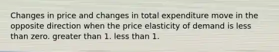 Changes in price and changes in total expenditure move in the opposite direction when the price elasticity of demand is less than zero. greater than 1. less than 1.