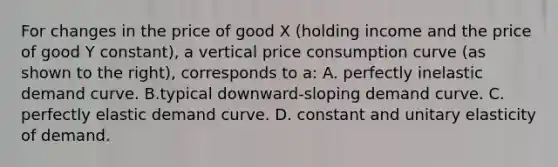 For changes in the price of good X​ (holding income and the price of good Y​ constant), a vertical price consumption curve​ (as shown to the​ right), corresponds to​ a: A. perfectly inelastic demand curve. B.typical​ downward-sloping demand curve. C. perfectly elastic demand curve. D. constant and unitary elasticity of demand.