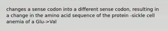 changes a sense codon into a different sense codon, resulting in a change in the amino acid sequence of the protein -sickle cell anemia of a Glu->Val