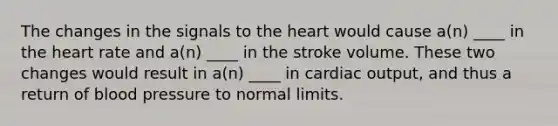 The changes in the signals to the heart would cause a(n) ____ in the heart rate and a(n) ____ in the stroke volume. These two changes would result in a(n) ____ in cardiac output, and thus a return of blood pressure to normal limits.