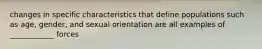 changes in specific characteristics that define populations such as age, gender, and sexual orientation are all examples of ____________ forces