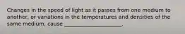 Changes in the speed of light as it passes from one medium to another, or variations in the temperatures and densities of the same medium, cause ______________________.