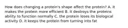 How does changing a protein's shape affect the protein? A. it makes the protein more efficient B. it destroys the proteins ability to function normally C. the protein loses its biological activity D. it keeps the protein from turning into fat