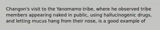 Changon's visit to the Yanomamo tribe, where he observed tribe members appearing naked in public, using hallucinogenic drugs, and letting mucus hang from their nose, is a good example of