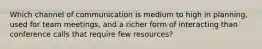 Which channel of communication is medium to high in planning, used for team meetings, and a richer form of interacting than conference calls that require few resources?