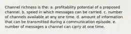 Channel richness is the: a. profitability potential of a proposed channel. b. speed in which messages can be carried. c. number of channels available at any one time. d. amount of information that can be transmitted during a communication episode. e. number of messages a channel can carry at one time.