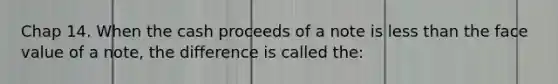 Chap 14. When the cash proceeds of a note is less than the face value of a note, the difference is called the: