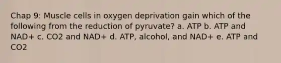 Chap 9: Muscle cells in oxygen deprivation gain which of the following from the reduction of pyruvate? a. ATP b. ATP and NAD+ c. CO2 and NAD+ d. ATP, alcohol, and NAD+ e. ATP and CO2