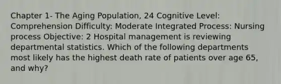 Chapter 1- The Aging Population, 24 Cognitive Level: Comprehension Difficulty: Moderate Integrated Process: Nursing process Objective: 2 Hospital management is reviewing departmental statistics. Which of the following departments most likely has the highest death rate of patients over age 65, and why?