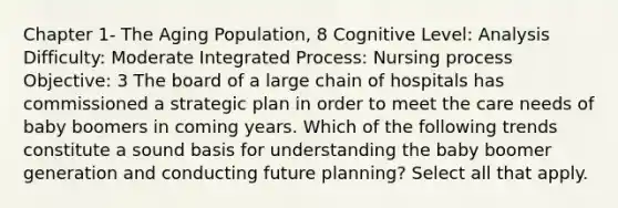 Chapter 1- The Aging Population, 8 Cognitive Level: Analysis Difficulty: Moderate Integrated Process: Nursing process Objective: 3 The board of a large chain of hospitals has commissioned a strategic plan in order to meet the care needs of baby boomers in coming years. Which of the following trends constitute a sound basis for understanding the baby boomer generation and conducting future planning? Select all that apply.