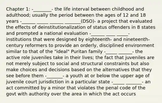 Chapter 1: -________- the life interval between childhood and adulthood; usually the period between the ages of 12 and 18 years -______ _____ ______ _______(DSO)- a project that evaluated the effects of deinstitutionalization of status offenders in 8 states and prompted a national evaluation -______ ____ _____- institutions that were designed by eighteenth- and nineteenth-century reformers to provide an orderly, disciplined environment similar to that of the "ideal" Puritan family -_____ ______- the active role juveniles take in their lives; the fact that juveniles are not merely subject to social and structural constraints but also make choices and decisions based on the alternatives that they see before them -_______- a youth at or below the upper age of juvenile court jurisdiction in a particular state -_____ _______- an act committed by a minor that violates the penal code of the govt with authority over the area in which the act occurs