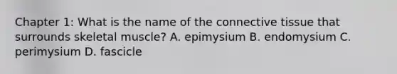 Chapter 1: What is the name of the <a href='https://www.questionai.com/knowledge/kYDr0DHyc8-connective-tissue' class='anchor-knowledge'>connective tissue</a> that surrounds skeletal muscle? A. epimysium B. endomysium C. perimysium D. fascicle