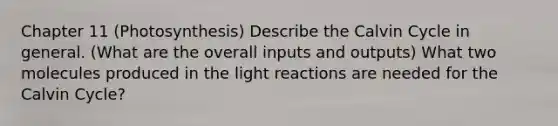 Chapter 11 (Photosynthesis) Describe the Calvin Cycle in general. (What are the overall inputs and outputs) What two molecules produced in the light reactions are needed for the Calvin Cycle?