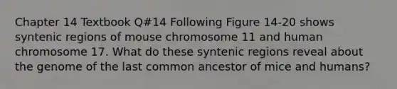 Chapter 14 Textbook Q#14 Following Figure 14-20 shows syntenic regions of mouse chromosome 11 and human chromosome 17. What do these syntenic regions reveal about the genome of the last common ancestor of mice and humans?