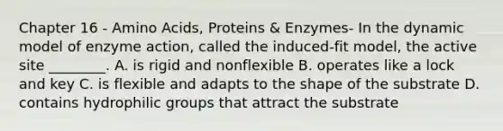 Chapter 16 - Amino Acids, Proteins & Enzymes- In the dynamic model of enzyme action, called the induced-fit model, the active site ________. A. is rigid and nonflexible B. operates like a lock and key C. is flexible and adapts to the shape of the substrate D. contains hydrophilic groups that attract the substrate