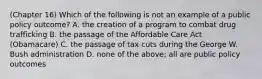 (Chapter 16) Which of the following is not an example of a public policy outcome? A. the creation of a program to combat drug trafficking B. the passage of the Affordable Care Act (Obamacare) C. the passage of tax cuts during the George W. Bush administration D. none of the above; all are public policy outcomes