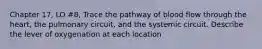 Chapter 17, LO #8, Trace the pathway of blood flow through the heart, the pulmonary circuit, and the systemic circuit. Describe the lever of oxygenation at each location