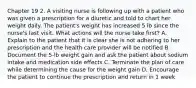 Chapter 19 2. A visiting nurse is following up with a patient who was given a prescription for a diuretic and told to chart her weight daily. The patient's weight has increased 5 lb since the nurse's last visit. What actions will the nurse take first? A. Explain to the patient that it is clear she is not adhering to her prescription and the health care provider will be notified B. Document the 5-lb weight gain and ask the patient about sodium intake and medication side effects C. Terminate the plan of care while determining the cause for the weight gain D. Encourage the patient to continue the prescription and return in 1 week