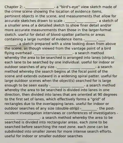 Chapter 2: -________ ________- a "bird's-eye" view sketch made of the crime scene showing the location of evidence items, pertinent objects in the scene, and measurements that allow for accurate sketches drawn to scale -______-____ _______- a sketch of a smaller area of a detailed sketch to show finer detail and/or more accurate measurements than those in the larger-format sketch. useful for detail of blood-spatter patterns or areas containing a large number of evidence items -_______-____ _______- a sketch prepared with a view looking down from above the scene, as though viewed from the vantage point of a bird flying overhead -______ _______ ________- a search method whereby the area to be searched is arranged into lanes (strips), each lane to be searched by one individual. useful for indoor or outdoor searches of any size -_______ ______ ________- a search method whereby the search begins at the focal point of the scene and extends outward in a widening spiral patter. useful for large outdoor scenes when the object(s) searched for is large enough to be seen easily -_____ ______ _______- a search method whereby the area to be searched is divided into lanes in one direction, then divided into lanes that are oriented at 90 degrees to the first set of lanes, which effectively forms a "grid" of rectangles due to the overlapping lanes. useful for indoor or outdoor searches of any size (double-strip) -_________- the post-incident investigation interviews or conferences of investigators -______ ______ _______- a search method whereby the area to be searched is divided into rectangular areas, each zone to be searched before searching the next zone. each zone can be subdivided into smaller zones for more intense search efforts. useful for indoor or smaller outdoor searches