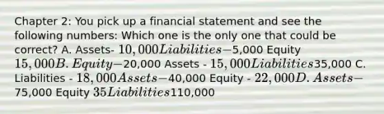 Chapter 2: You pick up a financial statement and see the following numbers: Which one is the only one that could be correct? A. Assets- 10,000 Liabilities -5,000 Equity 15,000 B. Equity -20,000 Assets - 15,000 Liabilities35,000 C. Liabilities - 18,000 Assets -40,000 Equity - 22,000 D. Assets -75,000 Equity 35 Liabilities110,000