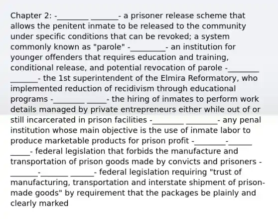 Chapter 2: -________ _______- a prisoner release scheme that allows the penitent inmate to be released to the community under specific conditions that can be revoked; a system commonly known as "parole" -_________- an institution for younger offenders that requires education and training, conditional release, and potential revocation of parole -________ _______- the 1st superintendent of the Elmira Reformatory, who implemented reduction of recidivism through educational programs -________ _____- the hiring of inmates to perform work details managed by private entrepreneurs either while out of or still incarcerated in prison facilities -________ ________- any penal institution whose main objective is the use of inmate labor to produce marketable products for prison profit -________-______ _____- federal legislation that forbids the manufacture and transportation of prison goods made by convicts and prisoners -_______-_______ ______- federal legislation requiring "trust of manufacturing, transportation and interstate shipment of prison-made goods" by requirement that the packages be plainly and clearly marked