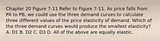 Chapter 20 Figure 7-11 Refer to Figure 7-11. As price falls from PA to PB, we could use the three demand curves to calculate three different values of the price elasticity of demand. Which of the three demand curves would produce the smallest elasticity? A. D1 B. D2 C. D3 D. All of the above are equally elastic.