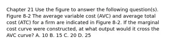 Chapter 21 Use the figure to answer the following question(s). Figure 8-2 The average variable cost (AVC) and average total cost (ATC) for a firm are indicated in Figure 8-2. If the marginal cost curve were constructed, at what output would it cross the AVC curve? A. 10 B. 15 C. 20 D. 25