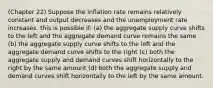 (Chapter 22) Suppose the inflation rate remains relatively constant and output decreases and the unemployment rate increases. this is possible if: (a) the aggregate supply curve shifts to the left and the aggregate demand curve remains the same (b) the aggregate supply curve shifts to the left and the aggregate demand curve shifts to the right (c) both the aggregate supply and demand curves shift horizontally to the right by the same amount (d) both the aggregate supply and demand curves shift horizontally to the left by the same amount.