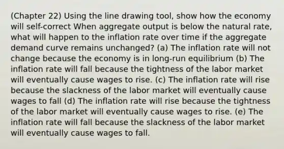 (Chapter 22) Using the line drawing tool, show how the economy will self-correct When aggregate output is below the natural rate, what will happen to the inflation rate over time if the aggregate demand curve remains unchanged? (a) The inflation rate will not change because the economy is in long-run equilibrium (b) The inflation rate will fall because the tightness of the labor market will eventually cause wages to rise. (c) The inflation rate will rise because the slackness of the labor market will eventually cause wages to fall (d) The inflation rate will rise because the tightness of the labor market will eventually cause wages to rise. (e) The inflation rate will fall because the slackness of the labor market will eventually cause wages to fall.