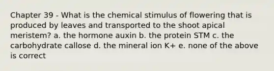 Chapter 39 - What is the chemical stimulus of flowering that is produced by leaves and transported to the shoot apical meristem? a. the hormone auxin b. the protein STM c. the carbohydrate callose d. the mineral ion K+ e. none of the above is correct