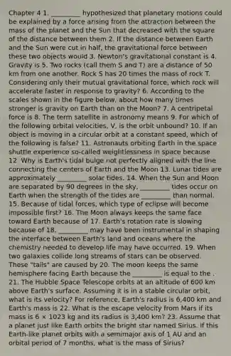 Chapter 4 1. _________ hypothesized that planetary motions could be explained by a force arising from the attraction between the mass of the planet and the Sun that decreased with the square of the distance between them 2. If the distance between Earth and the Sun were cut in half, the gravitational force between these two objects would 3. Newton's gravitational constant is 4. Gravity is 5. Two rocks (call them S and T) are a distance of 50 km from one another. Rock S has 20 times the mass of rock T. Considering only their mutual gravitational force, which rock will accelerate faster in response to gravity? 6. According to the scales shown in the figure below, about how many times stronger is gravity on Earth than on the Moon? 7. A centripetal force is 8. The term satellite in astronomy means 9. For which of the following orbital velocities, V, is the orbit unbound? 10. If an object is moving in a circular orbit at a constant speed, which of the following is false? 11. Astronauts orbiting Earth in the space shuttle experience so-called weightlessness in space because 12. Why is Earth's tidal bulge not perfectly aligned with the line connecting the centers of Earth and the Moon 13. Lunar tides are approximately _________ solar tides. 14. When the Sun and Moon are separated by 90 degrees in the sky, _________ tides occur on Earth when the strength of the tides are _________ than normal. 15. Because of tidal forces, which type of eclipse will become impossible first? 16. The Moon always keeps the same face toward Earth because of 17. Earth's rotation rate is slowing because of 18. _________ may have been instrumental in shaping the interface between Earth's land and oceans where the chemistry needed to develop life may have occurred. 19. When two galaxies collide long streams of stars can be observed. These "tails" are caused by 20. The moon keeps the same hemisphere facing Earth because the _________ is equal to the . 21. The Hubble Space Telescope orbits at an altitude of 600 km above Earth's surface. Assuming it is in a stable circular orbit, what is its velocity? For reference, Earth's radius is 6,400 km and Earth's mass is 22. What is the escape velocity from Mars if its mass is 6 × 1023 kg and its radius is 3,400 km? 23. Assume that a planet just like Earth orbits the bright star named Sirius. If this Earth-like planet orbits with a semimajor axis of 1 AU and an orbital period of 7 months, what is the mass of Sirius?