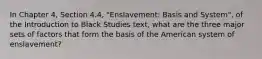 In Chapter 4, Section 4.4, "Enslavement: Basis and System", of the Introduction to Black Studies text, what are the three major sets of factors that form the basis of the American system of enslavement?