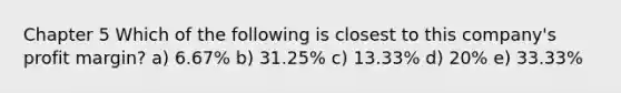 Chapter 5 Which of the following is closest to this company's profit margin? a) 6.67% b) 31.25% c) 13.33% d) 20% e) 33.33%