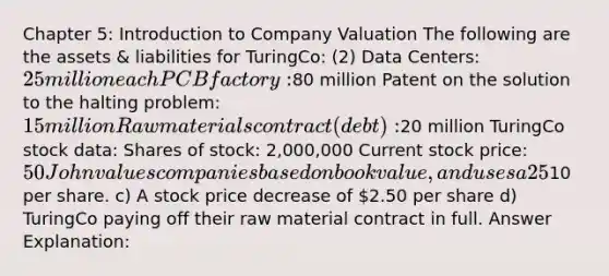 Chapter 5: Introduction to Company Valuation The following are the assets & liabilities for TuringCo: (2) Data Centers: 25 million each PCB factory:80 million Patent on the solution to the halting problem: 15 million Raw materials contract (debt):20 million TuringCo stock data: Shares of stock: 2,000,000 Current stock price: 50 John values companies based on book value, and uses a 25% margin of safety when considering a long position. Which of the following would make John willing to buy stock in TuringCo? a) John is already willing to buy the stock. b) A stock price increase of10 per share. c) A stock price decrease of 2.50 per share d) TuringCo paying off their raw material contract in full. Answer Explanation: