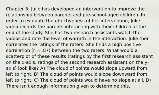 Chapter 5: Julie has developed an intervention to improve the relationship between parents and pre-school-aged children. In order to evaluate the effectiveness of her intervention, Julie video records the parents interacting with their children at the end of the study. She has two research assistants watch the videos and rate the level of warmth in the interaction. Julie then correlates the ratings of the raters. She finds a high positive correlation (r = .87) between the two raters. What would a scatterplot of these results (ratings by the first research assistant on the x-axis, ratings of the second research assistant on the y-axis) look like? A) The cloud of points would slope upward from left to right. B) The cloud of points would slope downward from left to right. C) The cloud of points would have no slope at all. D) There isn't enough information given to determine this.