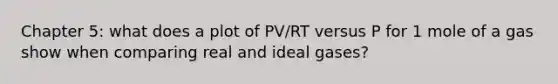 Chapter 5: what does a plot of PV/RT versus P for 1 mole of a gas show when comparing real and ideal gases?