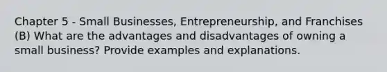 Chapter 5 - Small Businesses, Entrepreneurship, and Franchises (B) What are the advantages and disadvantages of owning a small business? Provide examples and explanations.