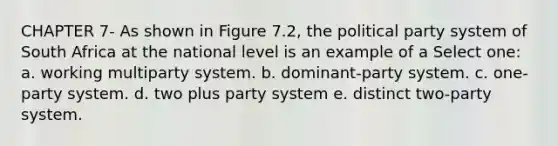 CHAPTER 7- As shown in Figure 7.2, the political party system of South Africa at the national level is an example of a Select one: a. working multiparty system. b. dominant-party system. c. one-party system. d. two plus party system e. distinct two-party system.