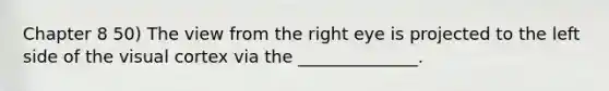 Chapter 8 50) The view from the right eye is projected to the left side of the visual cortex via the ______________.