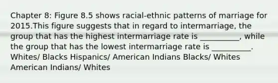 Chapter 8: Figure 8.5 shows racial-ethnic patterns of marriage for 2015.This figure suggests that in regard to intermarriage, the group that has the highest intermarriage rate is __________, while the group that has the lowest intermarriage rate is __________. Whites/ Blacks Hispanics/ American Indians Blacks/ Whites American Indians/ Whites