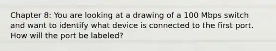 Chapter 8: You are looking at a drawing of a 100 Mbps switch and want to identify what device is connected to the first port. How will the port be labeled?