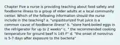 Chapter Five a nurse is providing teaching about food safety and foodborne illness to a group of older adults at a local community center. Which of the following information should the nurse include in the teaching? a. "unpasteurized fruit juice is a common cause of foodborne illness" b. "store hard-boiled eggs in the refrigerator for up to 2 weeks" c. " the recommended cooking temperature for ground beef is 145 F" d. "the onset of norovirus is 5-7 days after exposure to the bacteria"