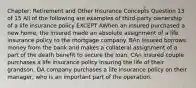 Chapter: Retirement and Other Insurance Concepts Question 13 of 15 All of the following are examples of third-party ownership of a life insurance policy EXCEPT AWhen an insured purchased a new home, the insured made an absolute assignment of a life insurance policy to the mortgage company. BAn insured borrows money from the bank and makes a collateral assignment of a part of the death benefit to secure the loan. CAn insured couple purchases a life insurance policy insuring the life of their grandson. DA company purchases a life insurance policy on their manager, who is an important part of the operation.