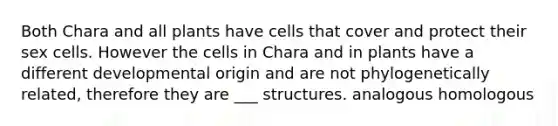 Both Chara and all plants have cells that cover and protect their sex cells. However the cells in Chara and in plants have a different developmental origin and are not phylogenetically related, therefore they are ___ structures. analogous homologous