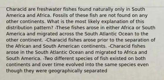 Characid are freshwater fishes found naturally only in South America and Africa. Fossils of these fish are not found on any other continents. What is the most likely explanation of this distribution pattern? -These fishes arose in either Africa or South America and migrated across the South Atlantic Ocean to the other continent. -Characid fishes arose prior to the separation of the African and South American continents. -Characid fishes arose in the South Atlantic Ocean and migrated to Africa and South America. -Two different species of fish existed on both continents and over time evolved into the same species even though they were geographically separated