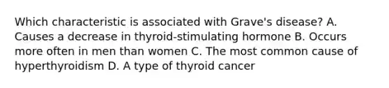 Which characteristic is associated with Grave's disease? A. Causes a decrease in thyroid-stimulating hormone B. Occurs more often in men than women C. The most common cause of hyperthyroidism D. A type of thyroid cancer