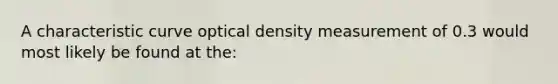 A characteristic curve optical density measurement of 0.3 would most likely be found at the: